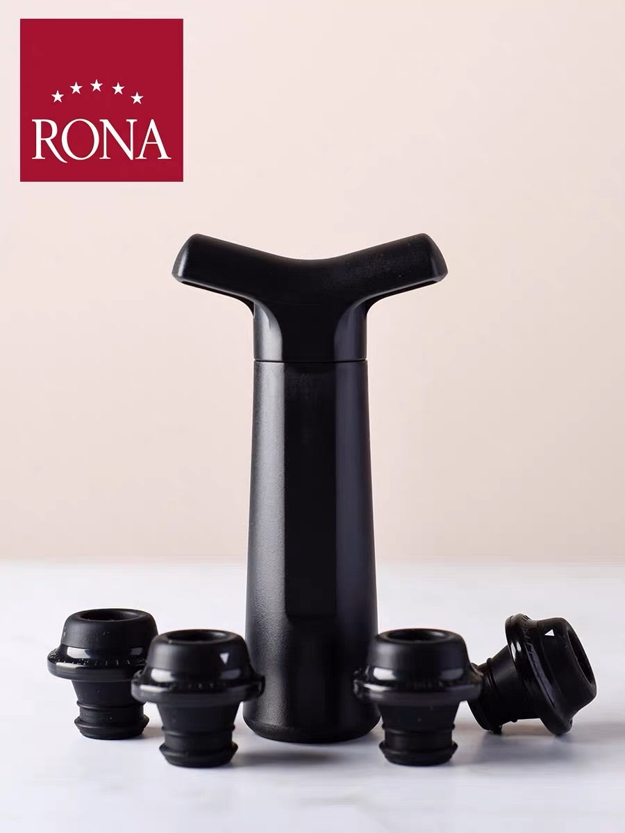 RONA Wine Saver Pump with 4 Vacuum Stoppers, Wine Stopper, Wine Preserver, Reusable Bottle Sealer Keeps Wine Fresh, Ideal Wine Accessories Gift (Wine Pump + 4 stoppers)